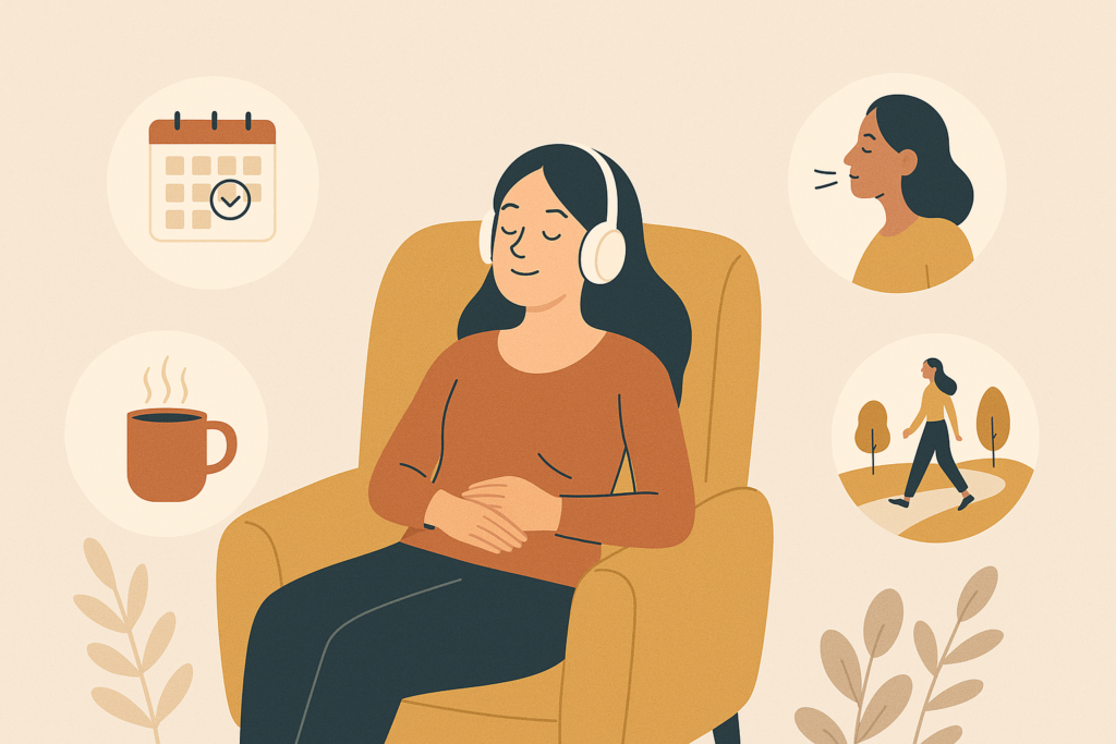 Illustration d’une aidante se relaxant dans un fauteuil, symbolisant les bienfaits de prendre soin de soi et du repos pour les aidants